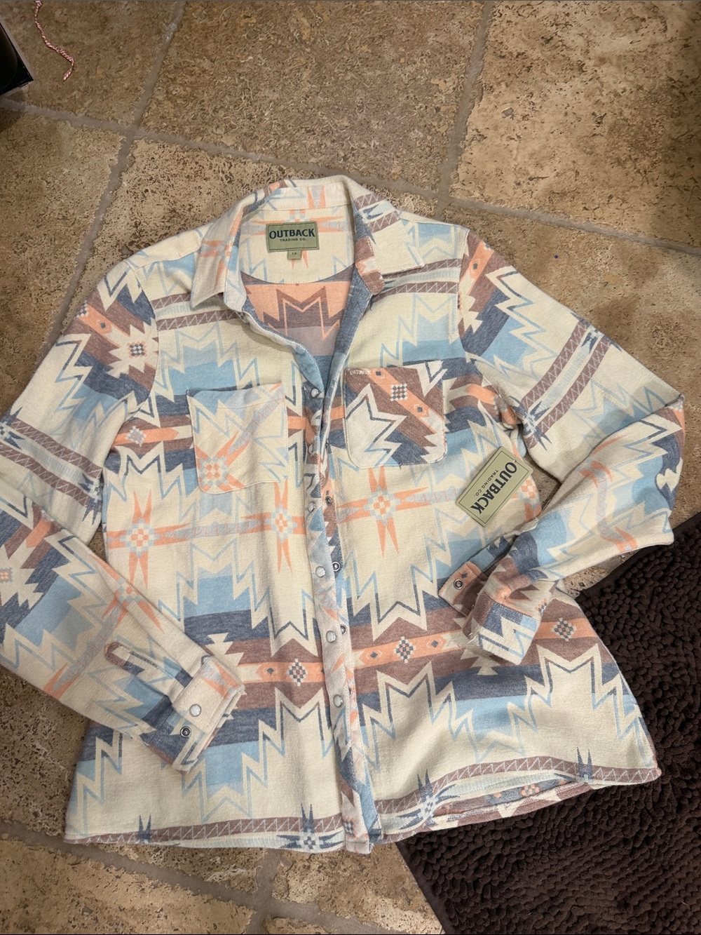 Women’s Aztec Print Button-Up Shirt Jacket in Cream & Blue - Picture 1 of 5